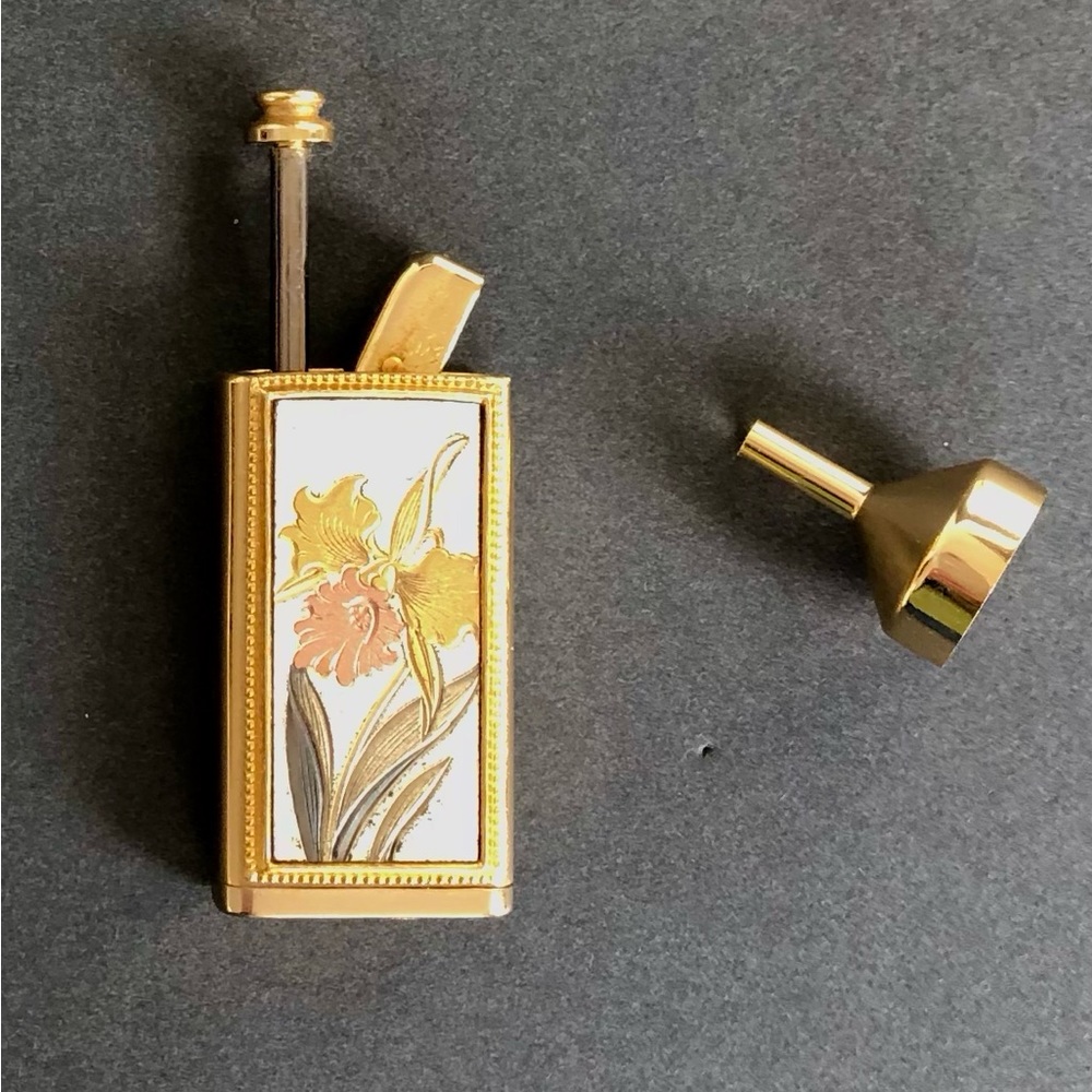 Nacon Vintage PURSE PERFUME SPRAY Etched Orchid Flower Gold Atomizer RARE - Picture 8 of 15